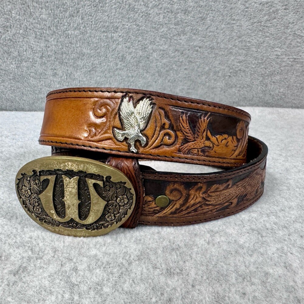 Silver Creek Collection Belt Men’s Brown Western Tooled Brass Buckle